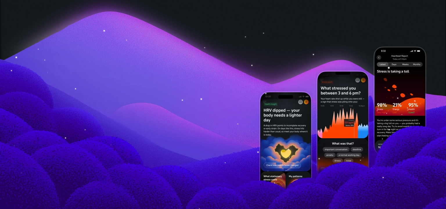 Three Welltory app screens: an HRV insight, a stress report showing what raised stress between 3 and 6 pm, and a heart rate report