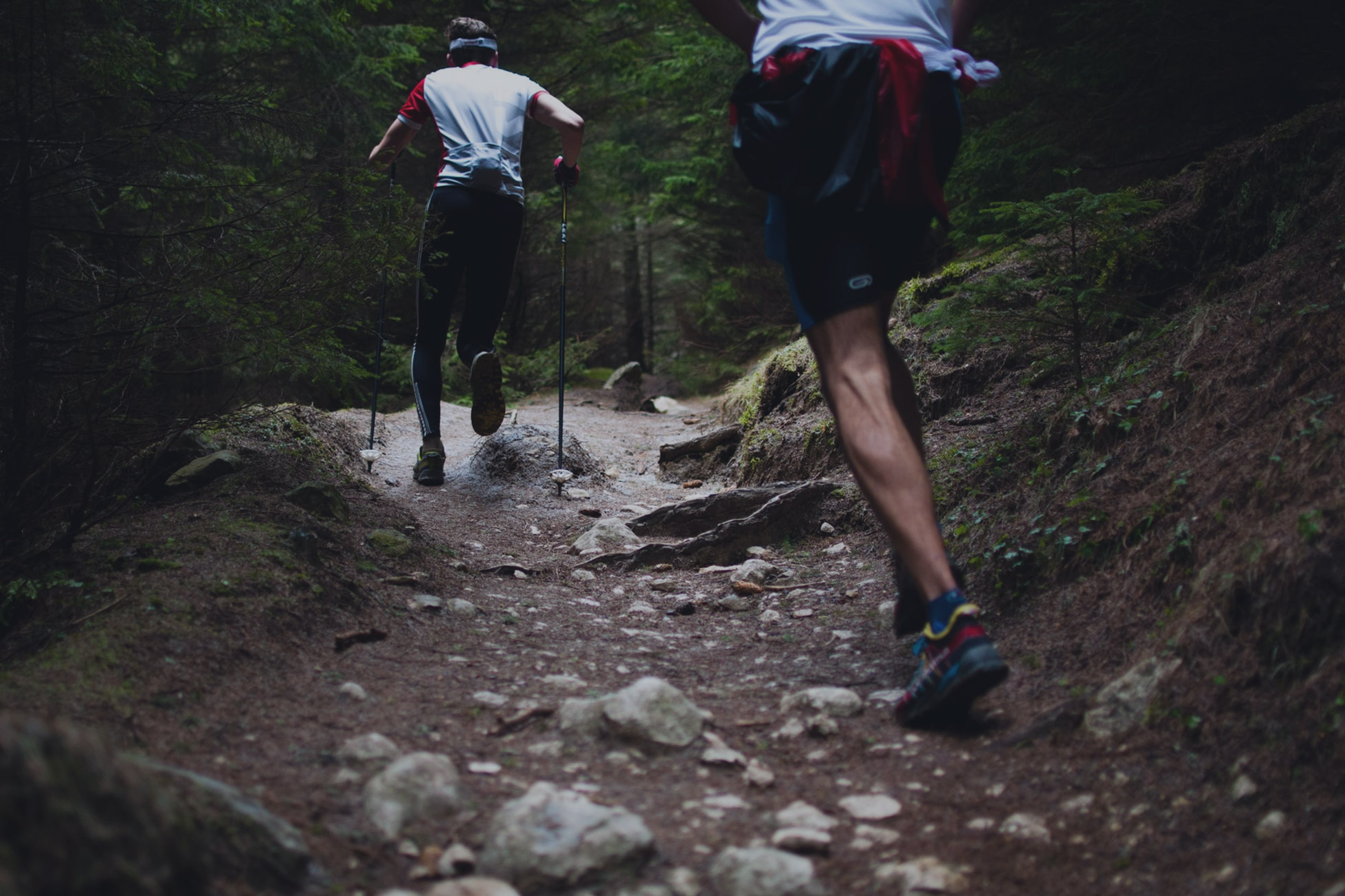 two people running in the forest